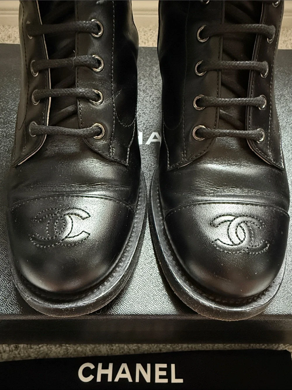 Chanel 19A Black Leather Lace Up Combat Boots 38.5